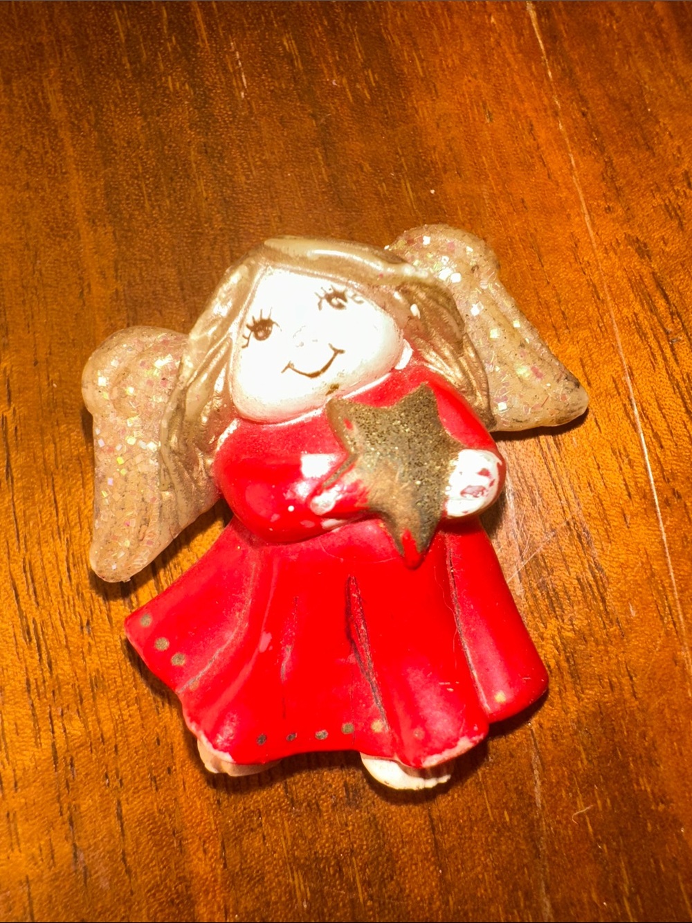 Vtg  Fun World Lehman Christmas angel brooch - molded red dress holding a star